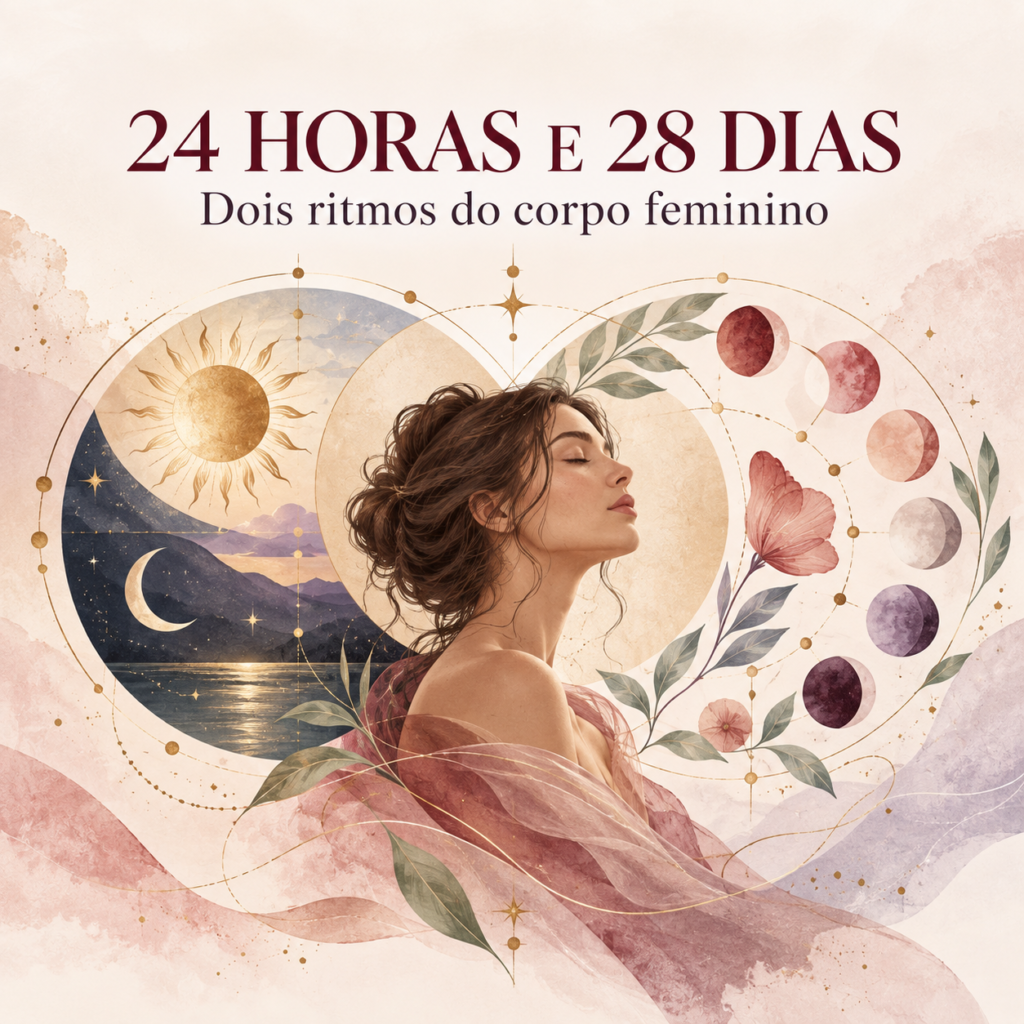 Ilustração sobre o ritmo circadiano de 24 horas e o ciclo menstrual de aproximadamente 28 dias